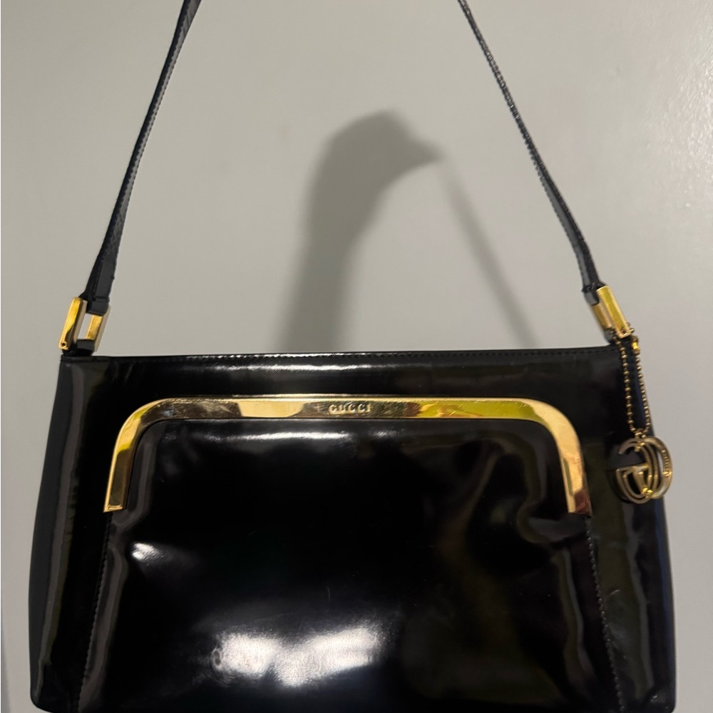 Gucci Black Patent Shoulder Bag with Gold Accents